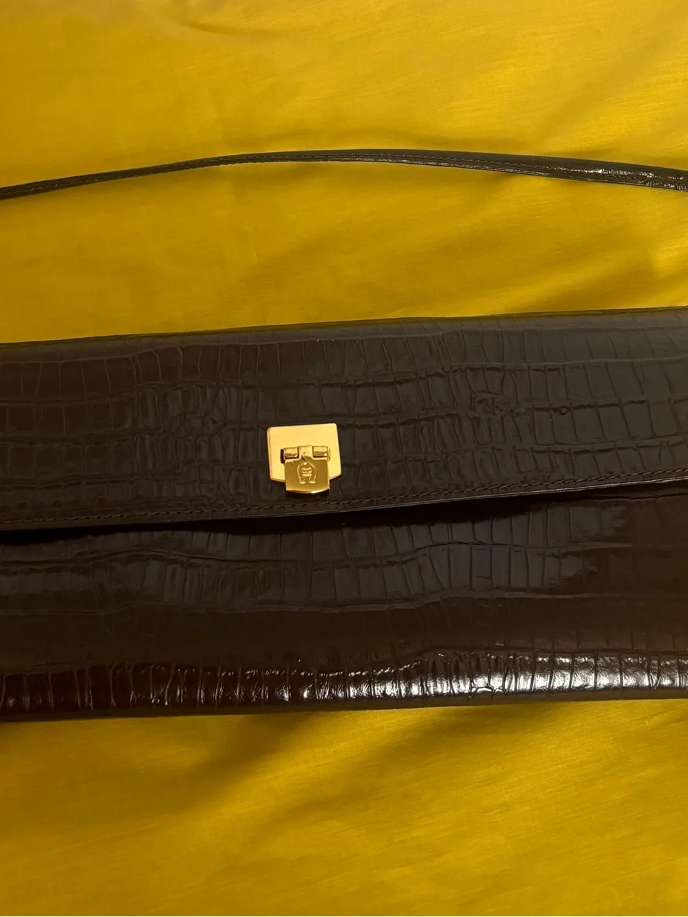 Structured Croc-Embossed Leather Clutch with Gold Hardware. Etienne Aigner
